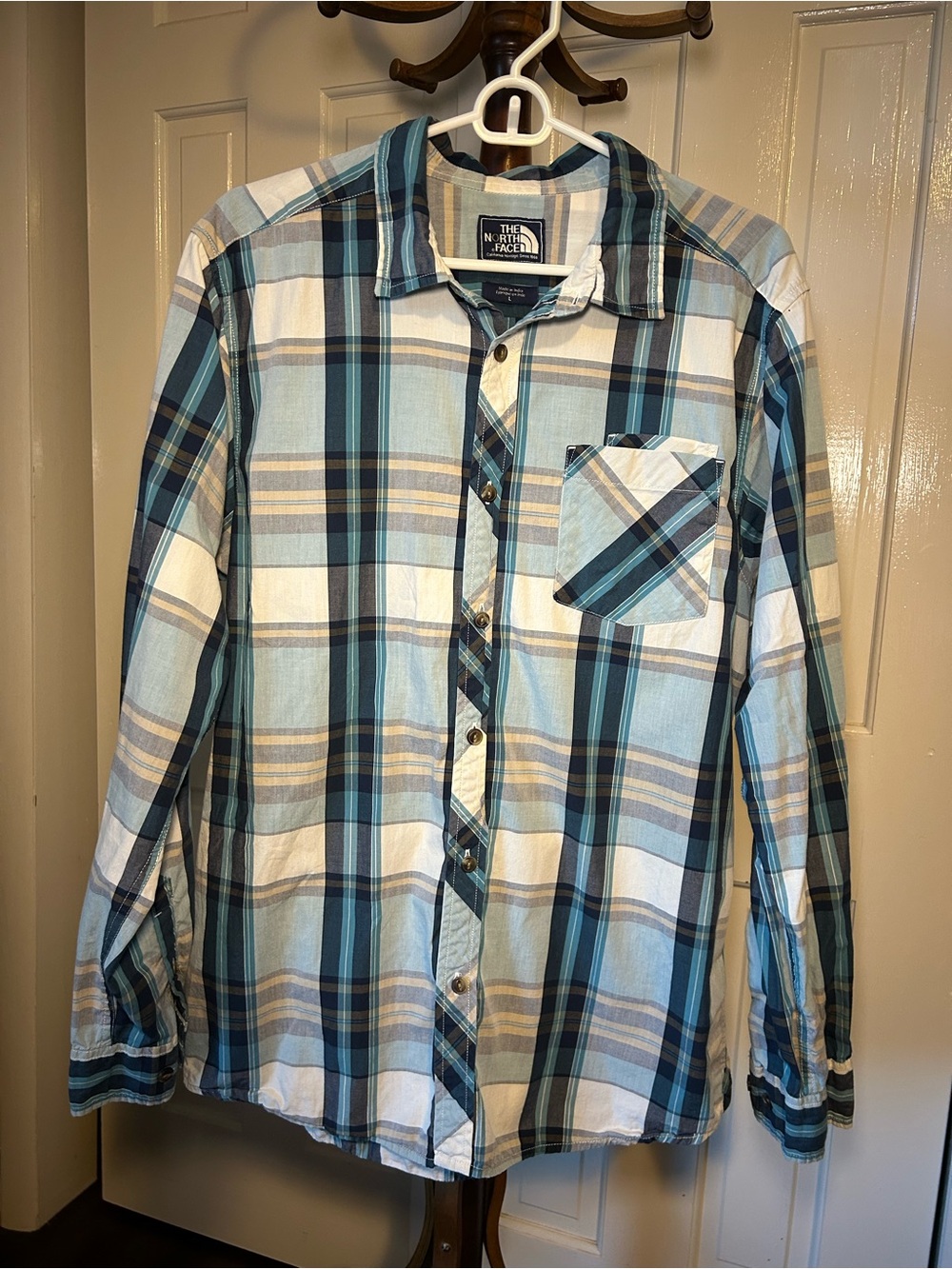 The North Face Men’s Blue and White Plaid Button-Down Shirt